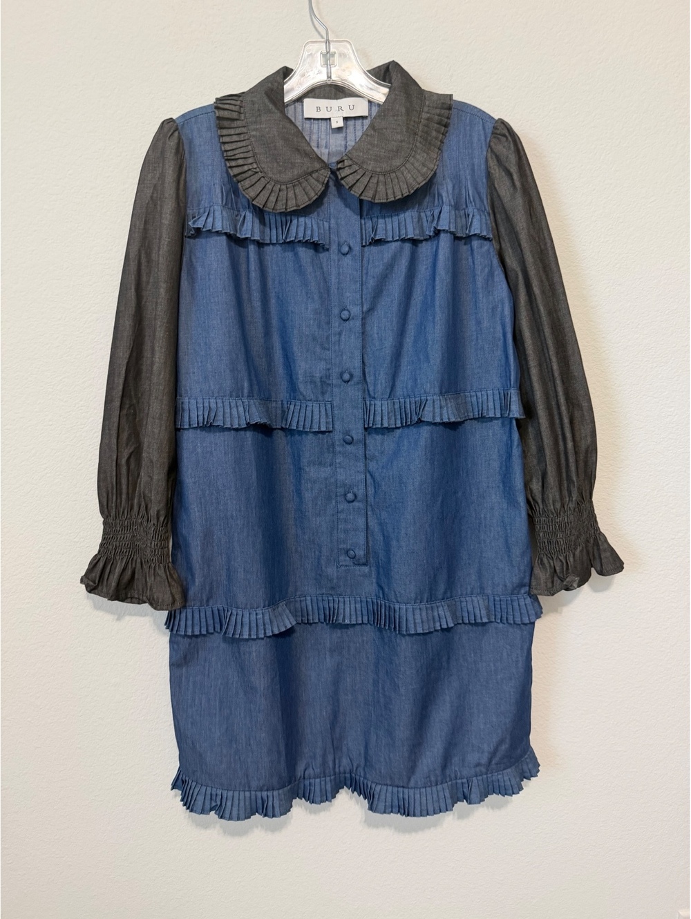 BURU Long Sleeve Ruffled Peter Pan Collar Half Button Chambray Mini Dress Size S